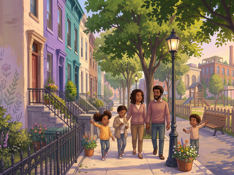 A family on a neighborhood walk past colorful rowhouses, pointing at a bench and sketching what they see