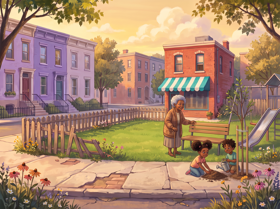 The same corner with a new bench; two kids with afro puffs and locs plant a little tree as the grandmother sits down