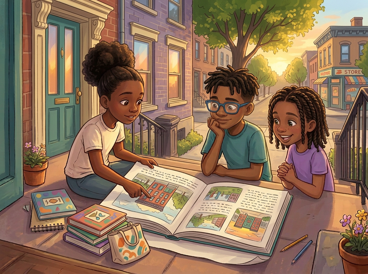 Three kids read picture books together on the front steps of a Ribbonfield rowhouse