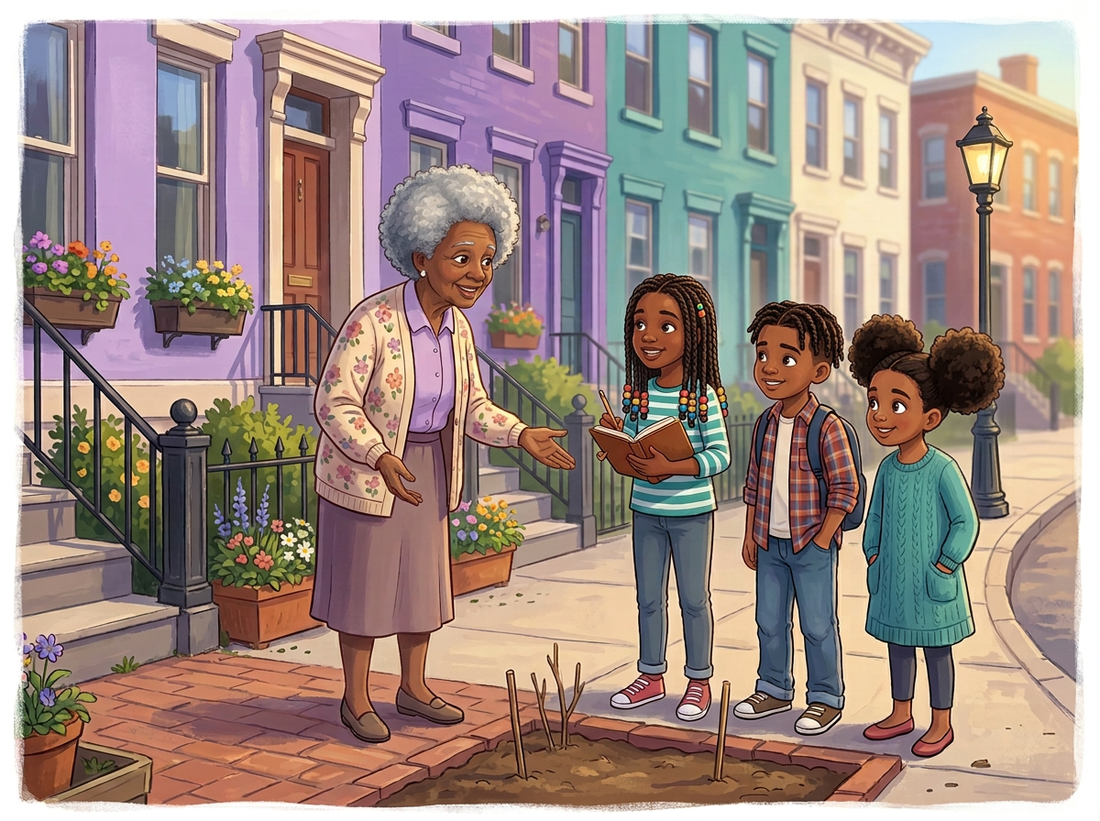 A grandmother tells three neighborhood kids what the empty lot on her block needs
