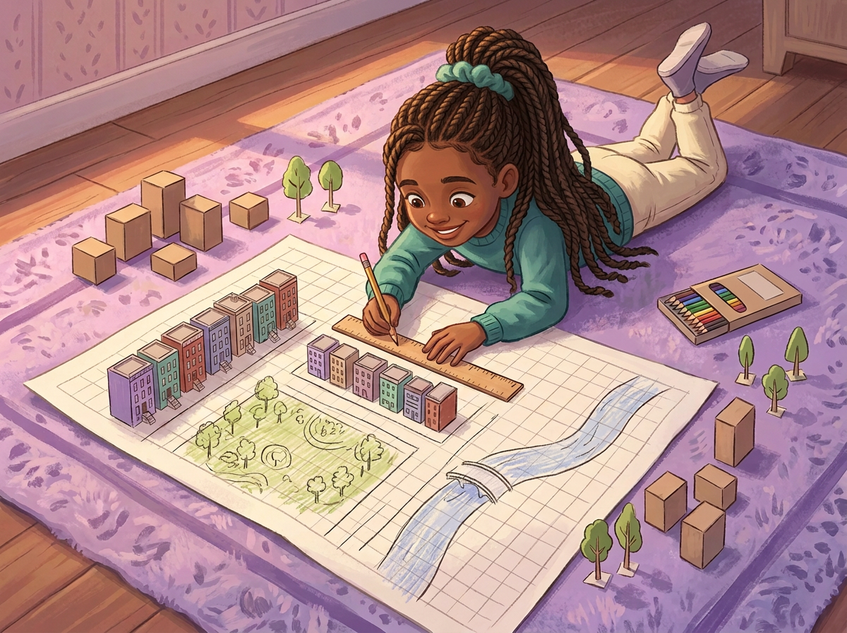 A girl with twists draws her dream city block on grid paper