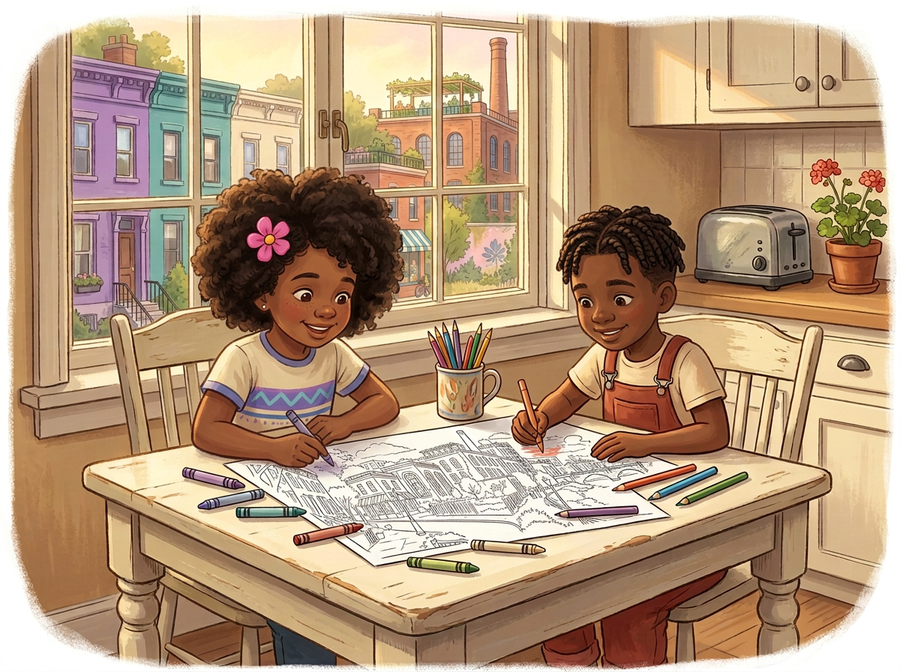 Two kids color a neighborhood coloring page at a sunny kitchen table