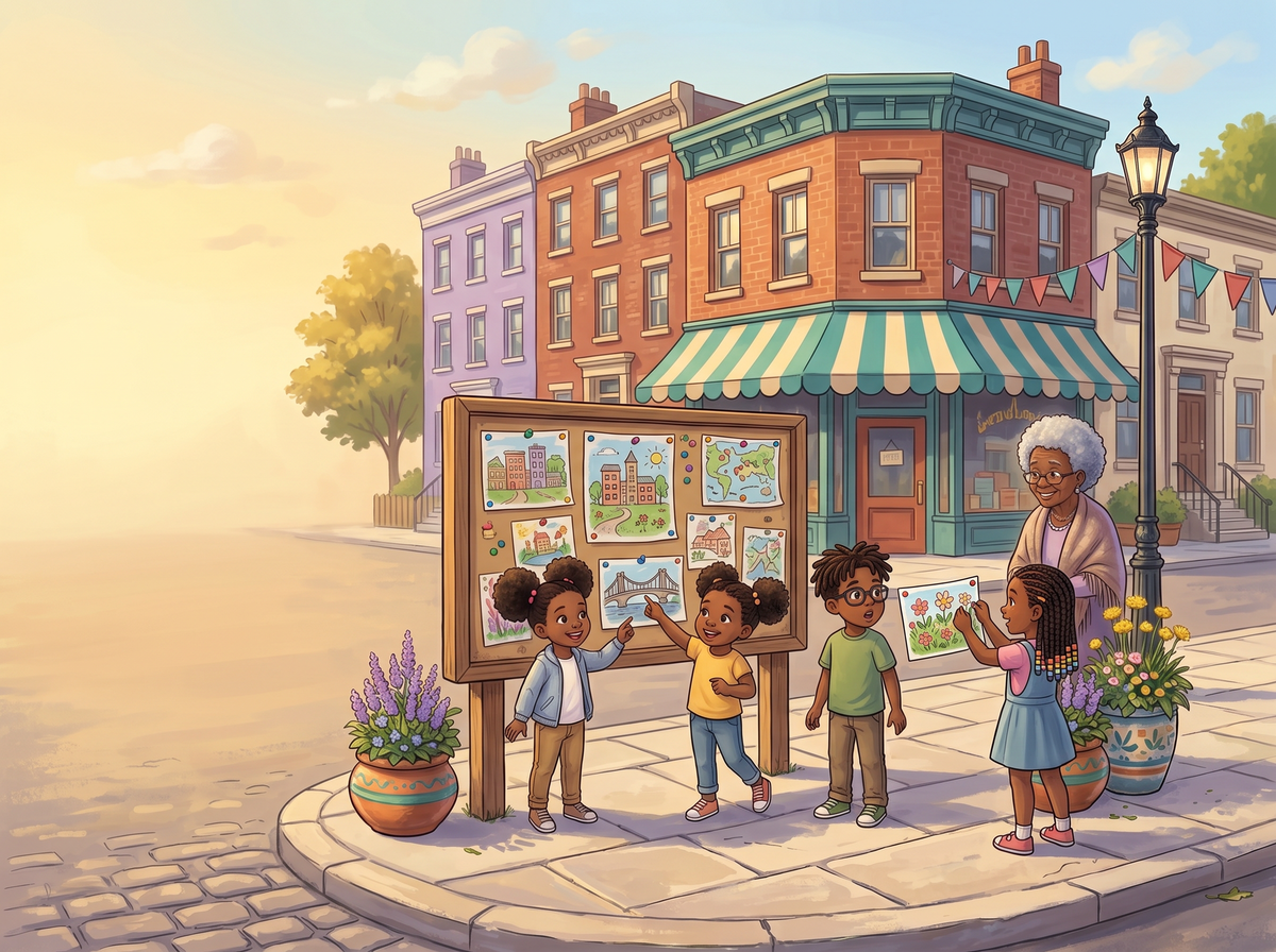Kids and a grandmother pin drawings of buildings, bridges and gardens on a neighborhood bulletin board in Ribbonfield