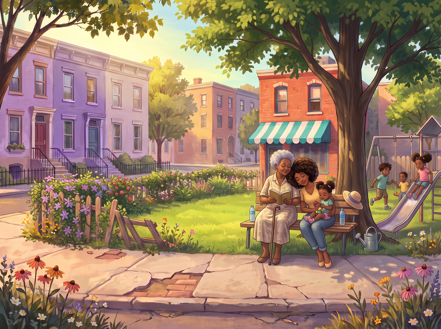 Years later the tree has grown and shades the bench; the grandmother reads there with a neighbor and her toddler