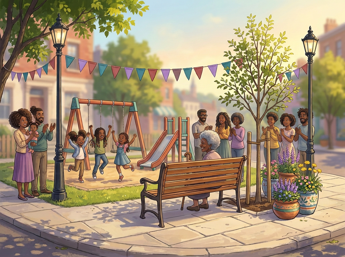 Neighbors and kids cheer on opening day of a new pocket park as a grandmother sits on the new bench